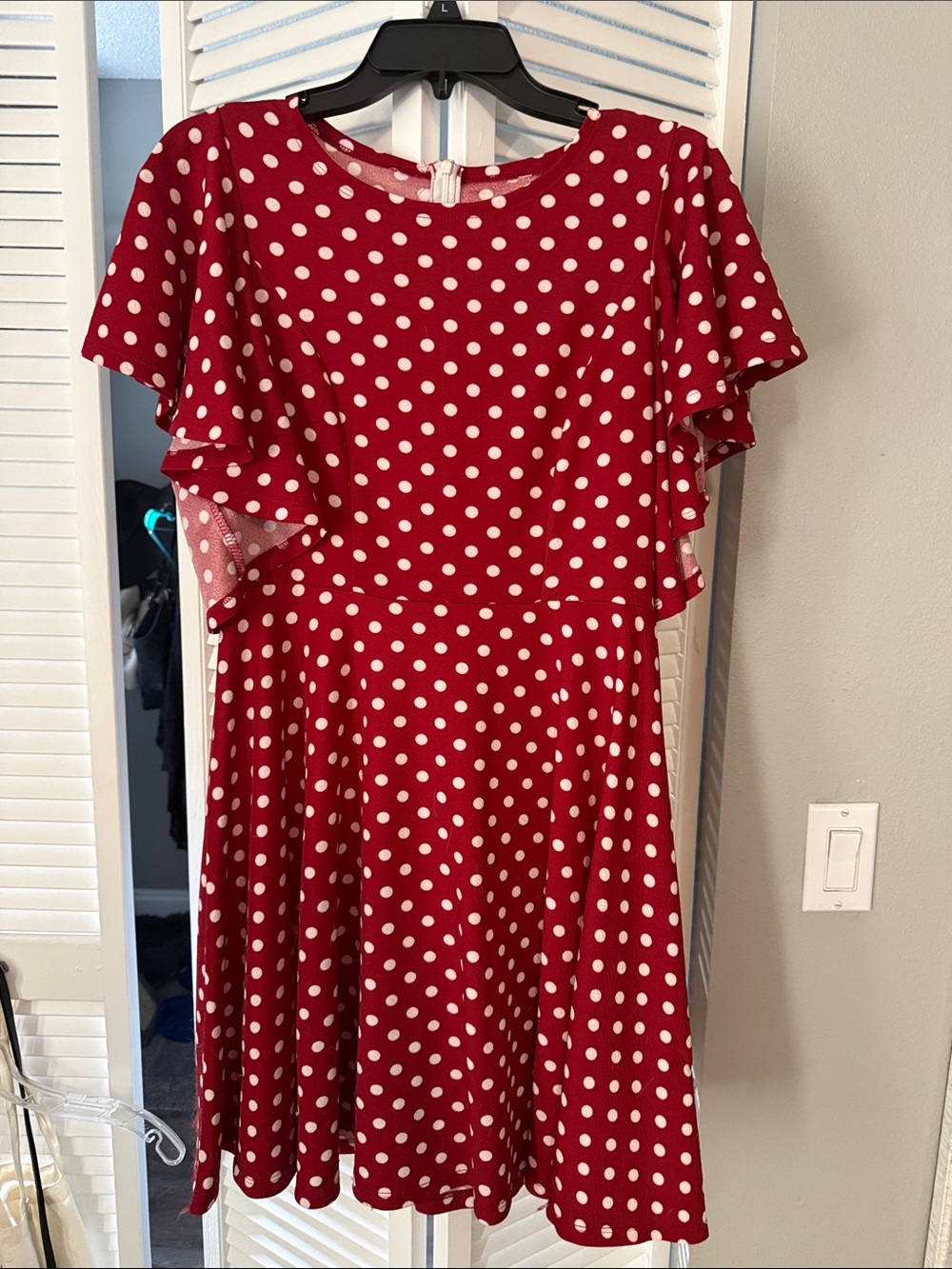 Red Polka Dot Asymmetrical Flutter Sleeve Dress